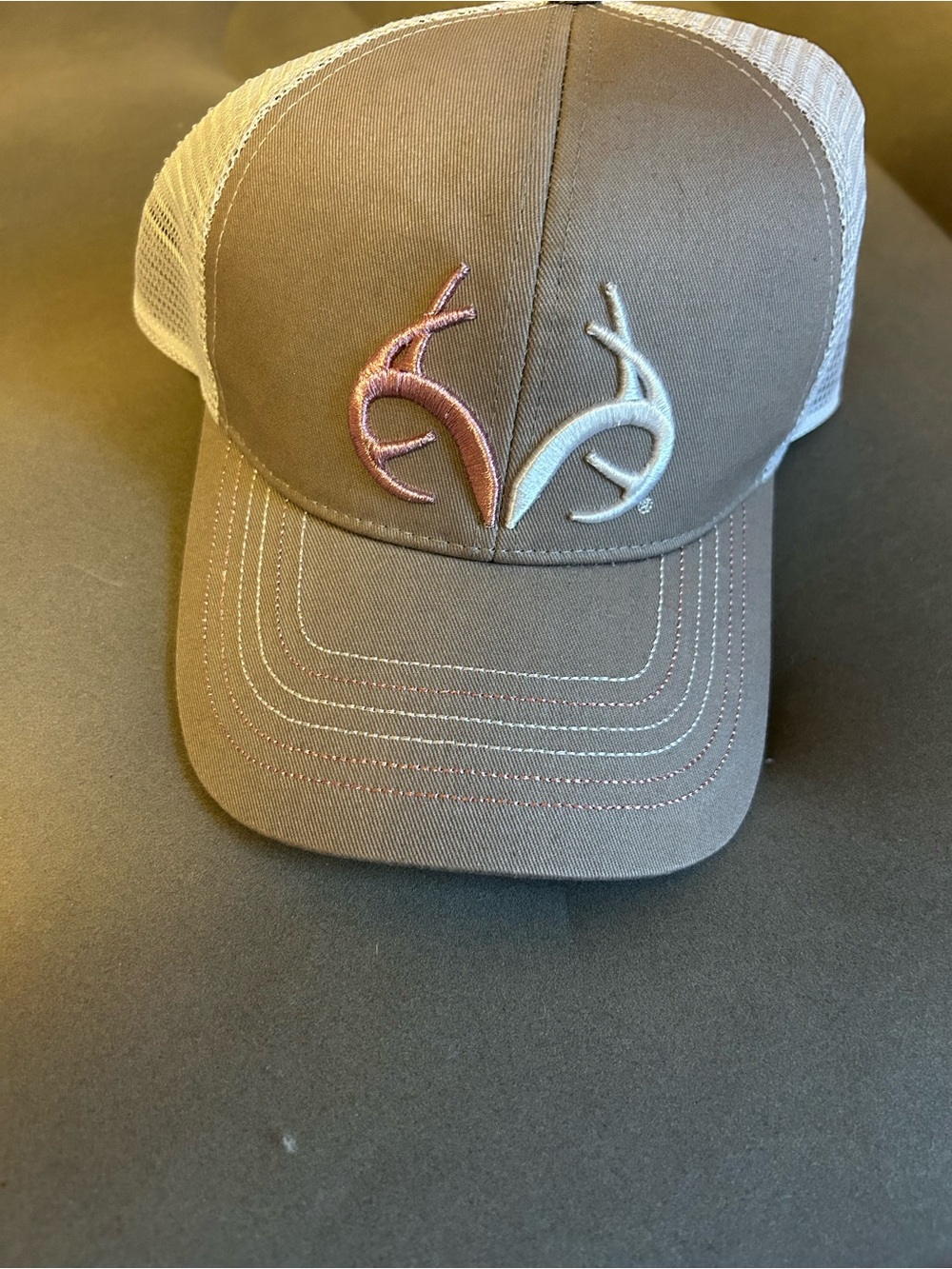 Trucker Cap with Antler Logo in Taupe and Pink